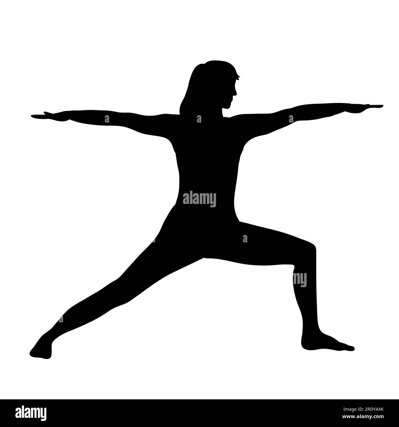 Woman girl person doing a yoga pose in black and white shadow silhouette. Person stretching in a Warrior B pose asanas style. Stock Photo