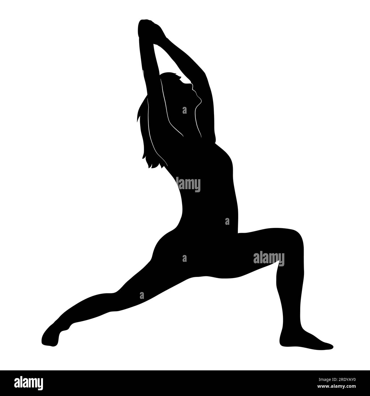 Woman girl person doing a yoga pose in black and white shadow silhouette. Person stretching in a Warrior A pose asanas style. Stock Photo