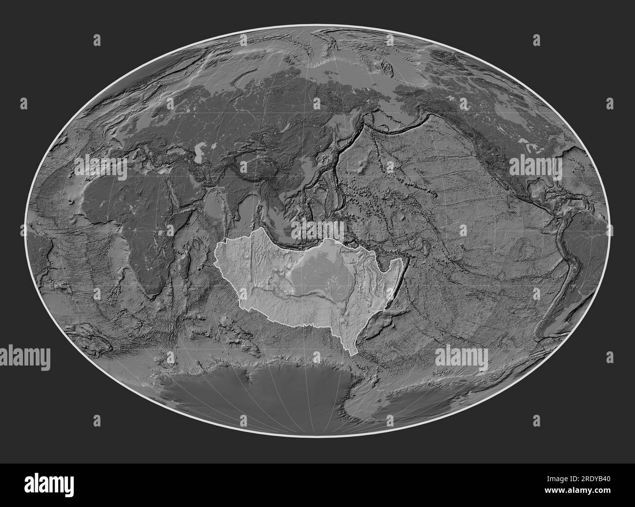 Australian tectonic plate on the bilevel elevation map in the Fahey projection centered