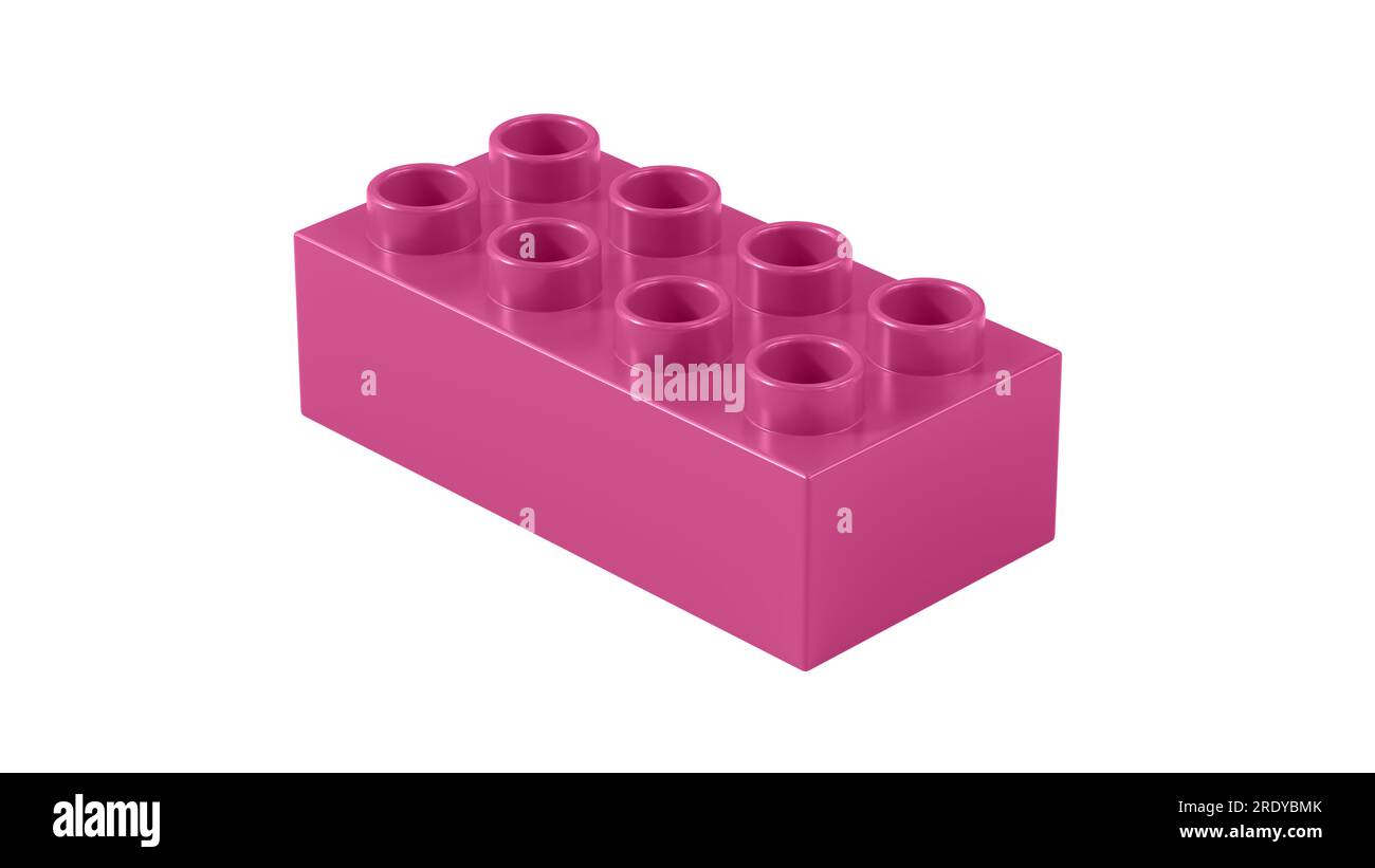Lilac Rose Plastic Lego Block Isolated on a White Background. Children Toy Brick, Perspective View. Close Up View of a Game Block for Constructors. 3D illustration. 8K Ultra HD, 7680x4320, 300 dpi Stock Photo