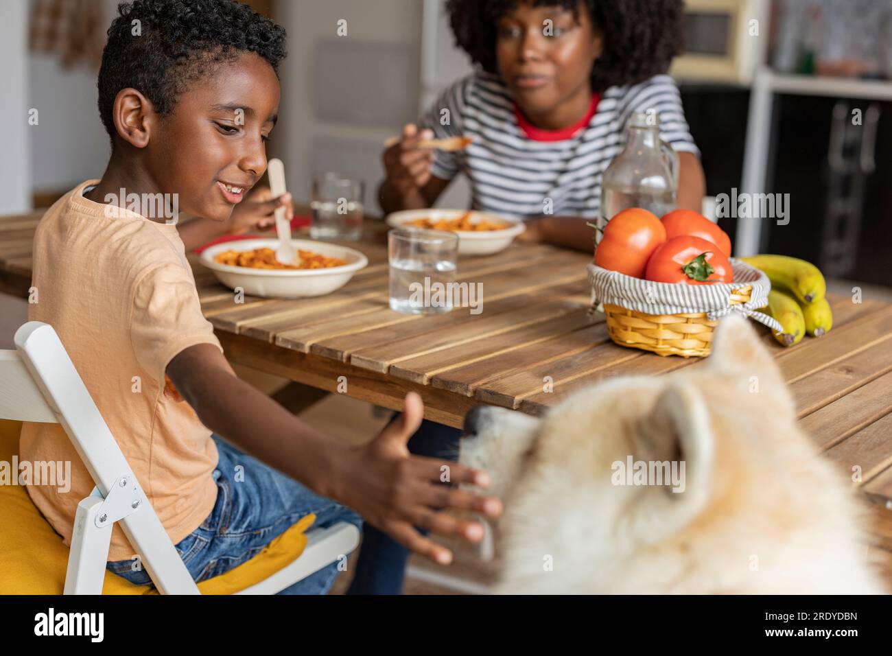 Happy boy having meal with mother and stroking dog at home Stock Photo
