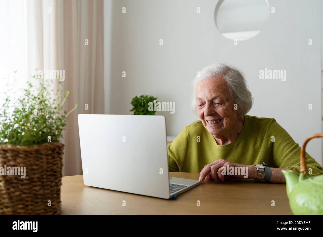 Senior woman using laptop on table at home Stock Photo