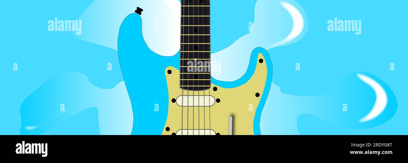 A pale blue solid body electric guitar over a blue splash background