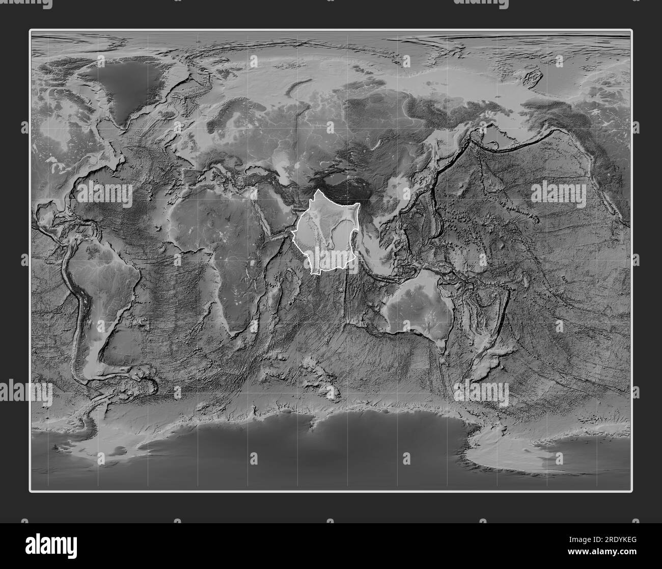 Indian tectonic plate on the grayscale elevation map in the Gall Stereographic projection centered meridionally. Stock Photo