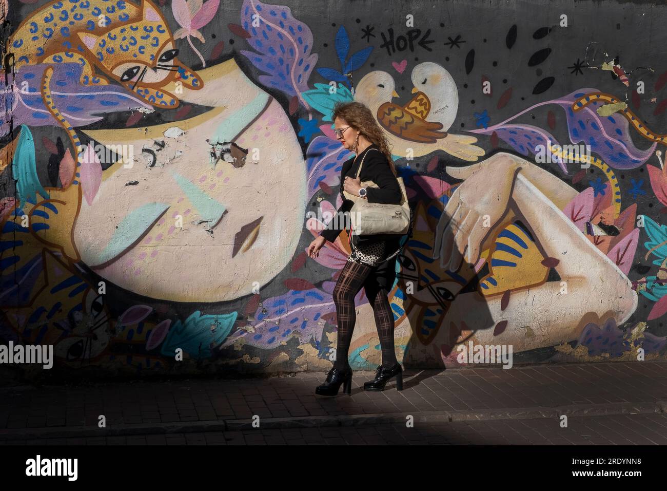 Strassenszene mit Frau vor Street Art in der Altstadt von Valencia *** Street scene with woman in front of street art in the old town of Valencia Stock Photo