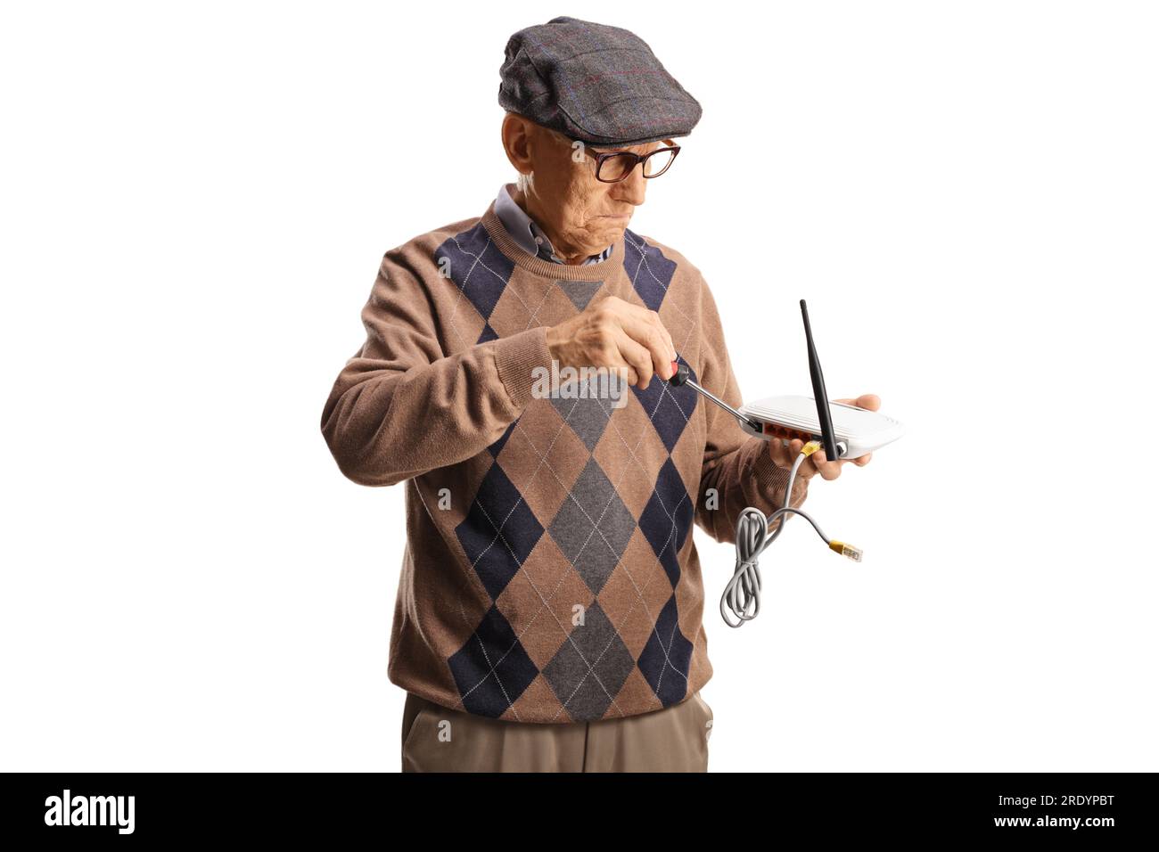 Senior man fixing a router isolated on white background Stock Photo - Alamy