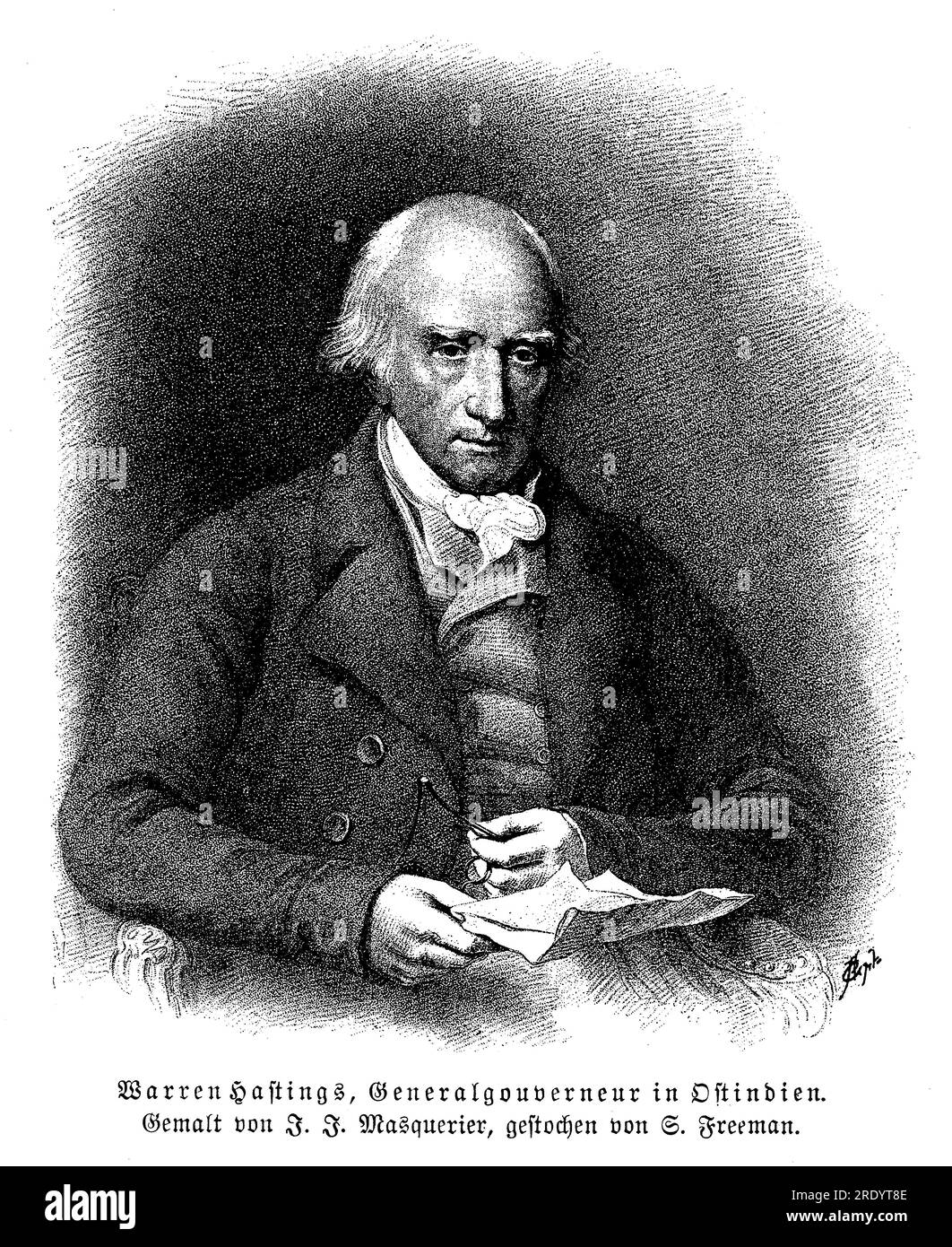 Warren Hastings (1732-1818) was a British colonial administrator who served as the first Governor-General of Bengal from 1772 to 1785. He played a crucial role in the early administration of British India. Under his leadership, Hastings sought to stabilize and reform the East India Company's rule in Bengal Stock Photo