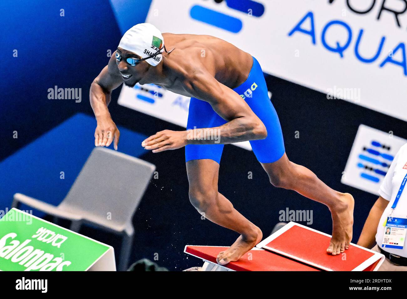 Fukuoka, Japan. 23rd July, 2023. Damien Shamambo of Zambia competes in the 50m Butterfly Men Heats during the 20th World Aquatics Championships at the Marine Messe Hall A in Fukuoka (Japan), July 23rd, 2023. Credit: Insidefoto di andrea staccioli/Alamy Live News Stock Photo