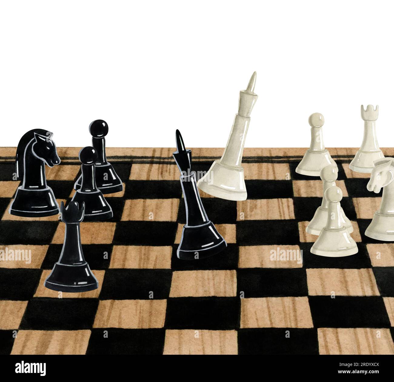 White chess king defeats black king on board during tournament watercolor illustration for checkmate game designs Stock Photo