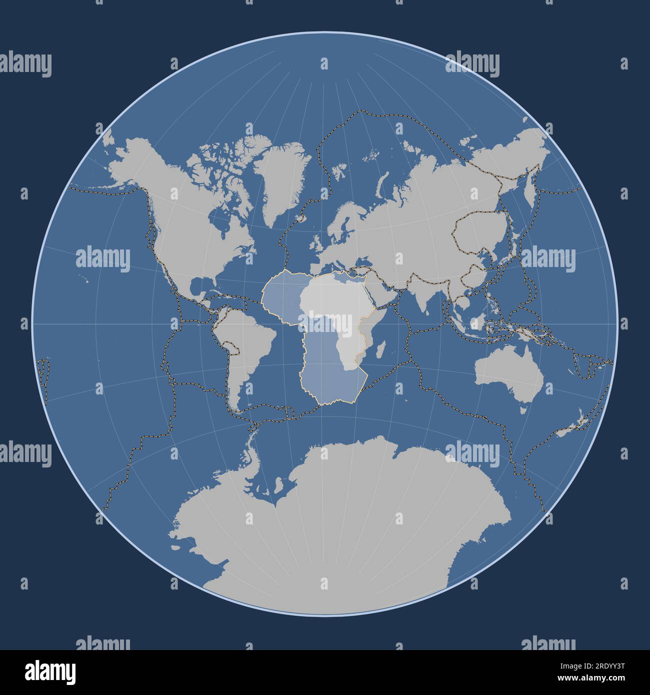 African tectonic plate on the solid contour map in the Lagrange projection centered meridionally. Boundaries of other plates Stock Photo