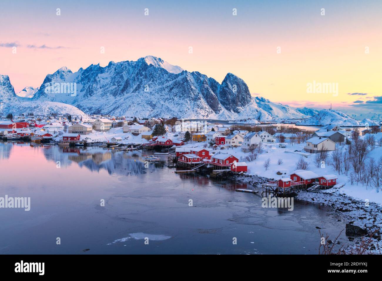 Sunrise over the fishing village of Reine in winter, Norway Stock Photo