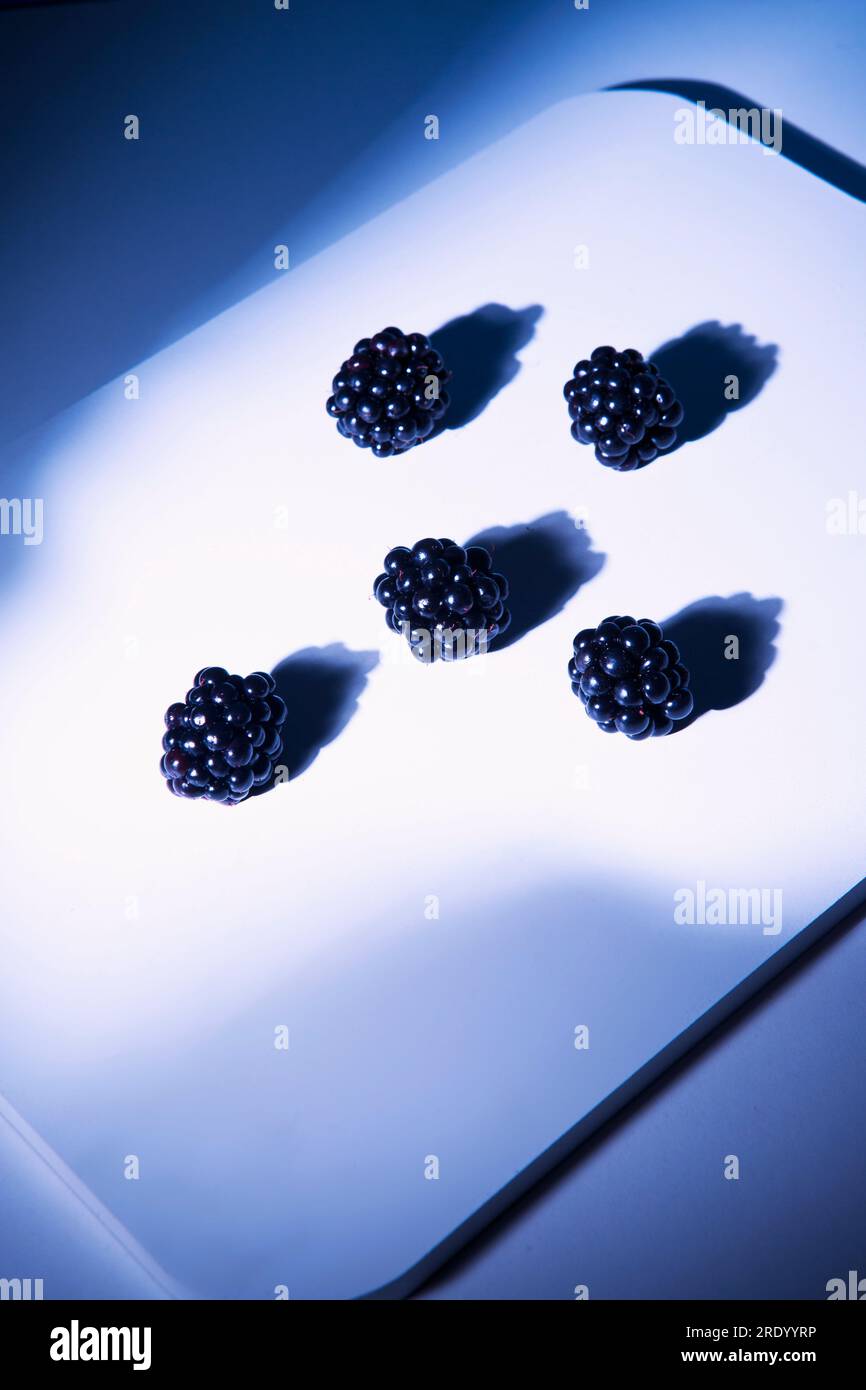 Blackberries lying on cutting board Stock Photo