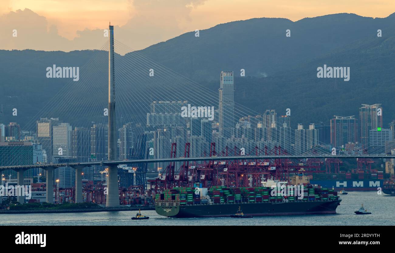 Hong Kong container port and Tsing Yi bridge, Hong Kong, China. Stock Photo