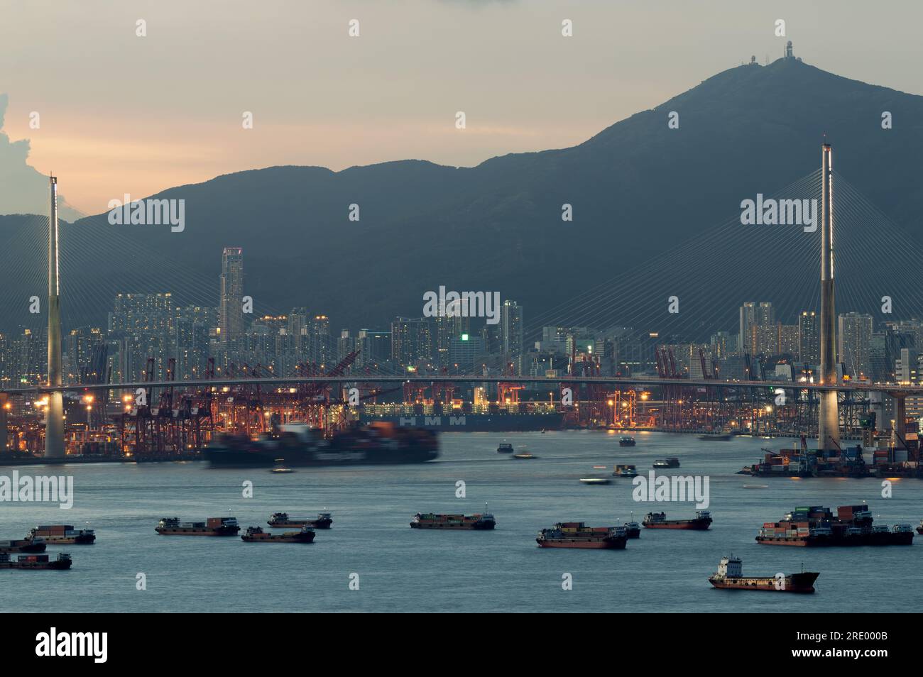 Hong Kong container port and Tsing Yi bridge, Hong Kong, China. Stock Photo