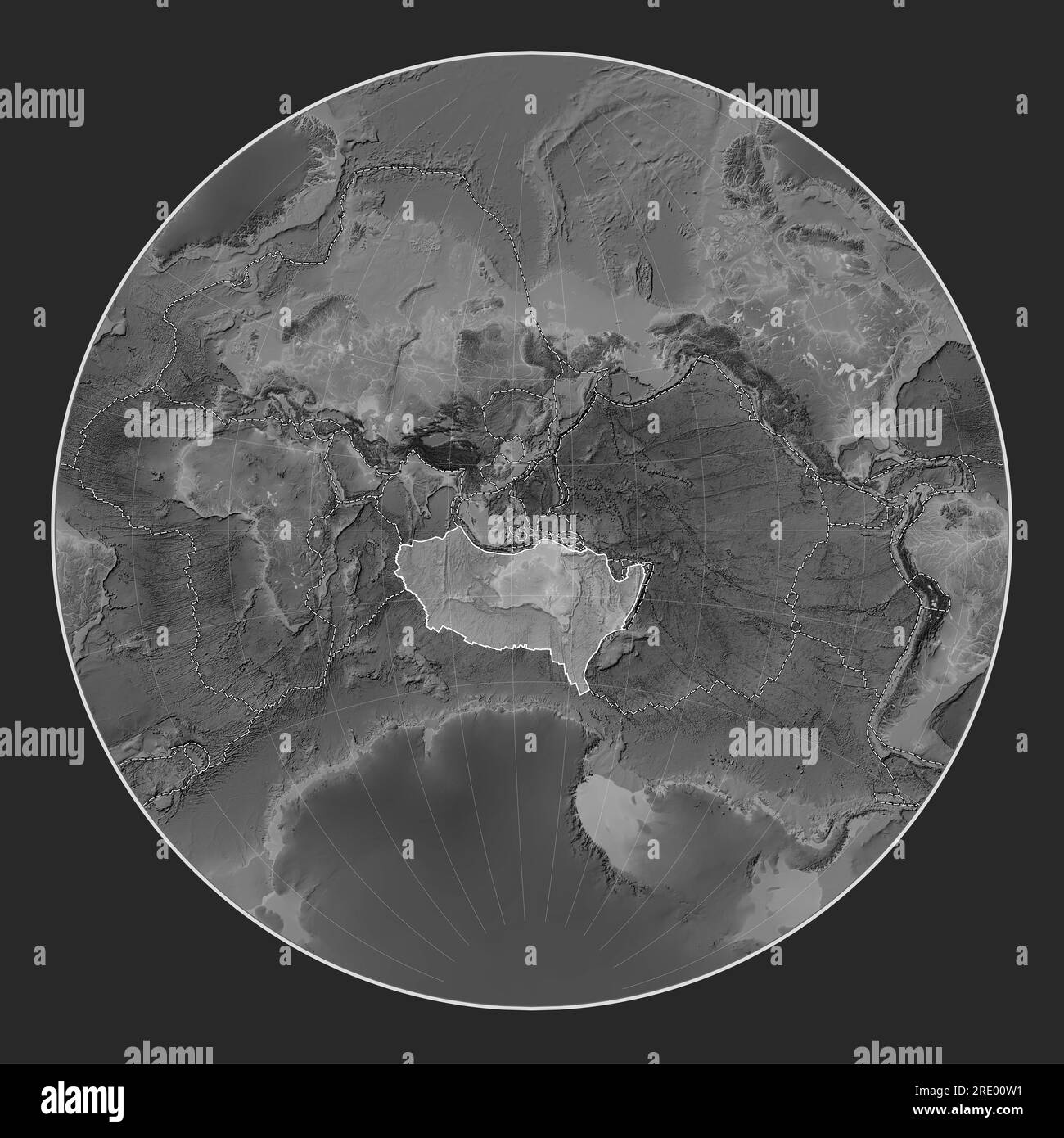 Australian tectonic plate on the grayscale elevation map in the