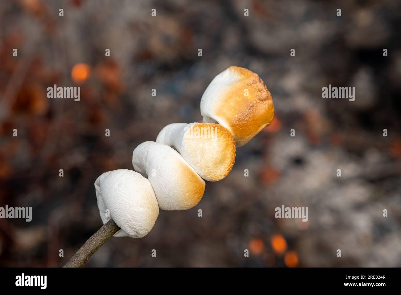 Marshmallow cooked on the fire. Marshmallow bbq. Stock Photo