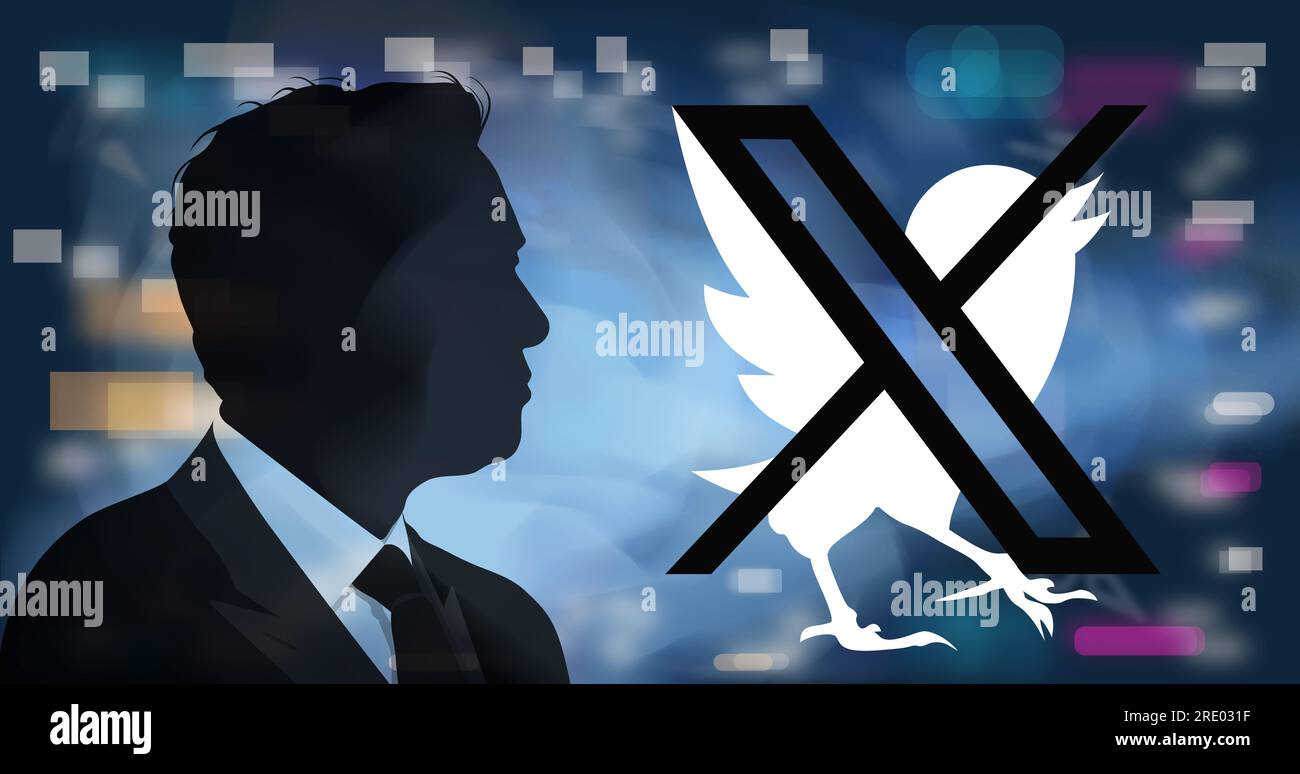 July 23, 2023, Twitter owner Elon Musk announced that his logo would be changed from a bird to an X. Elon Musk's silhouette and the X logo. Stock Photo