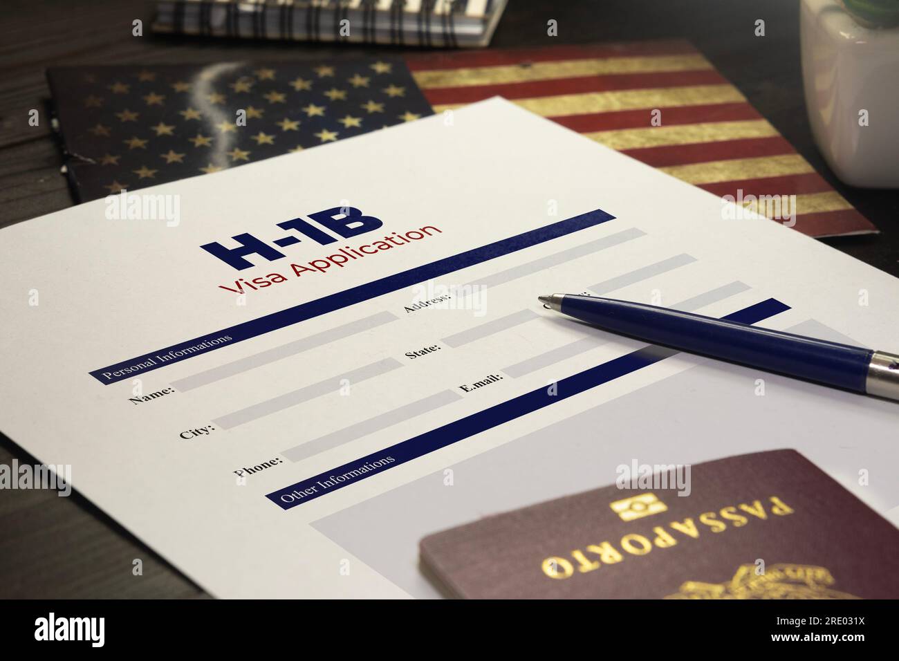H-1b visa application concept: USA H-1B visa application on a table with a passport Stock Photo