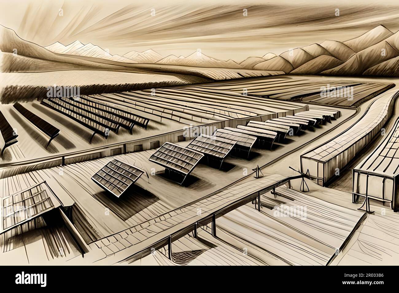 Renewable Solar design farm sketch Stock Photo