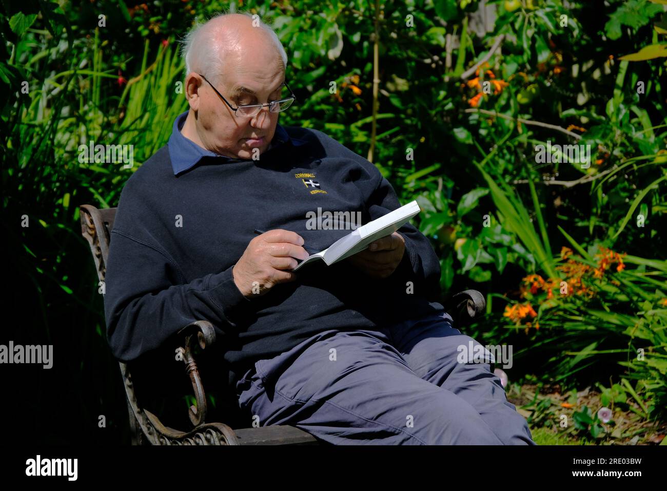 An old man doing a puzzle in his garden. Stock Photo