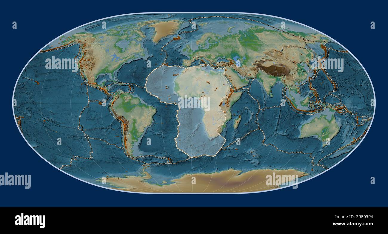 African tectonic plate on the physical elevation map in the Loximuthal ...