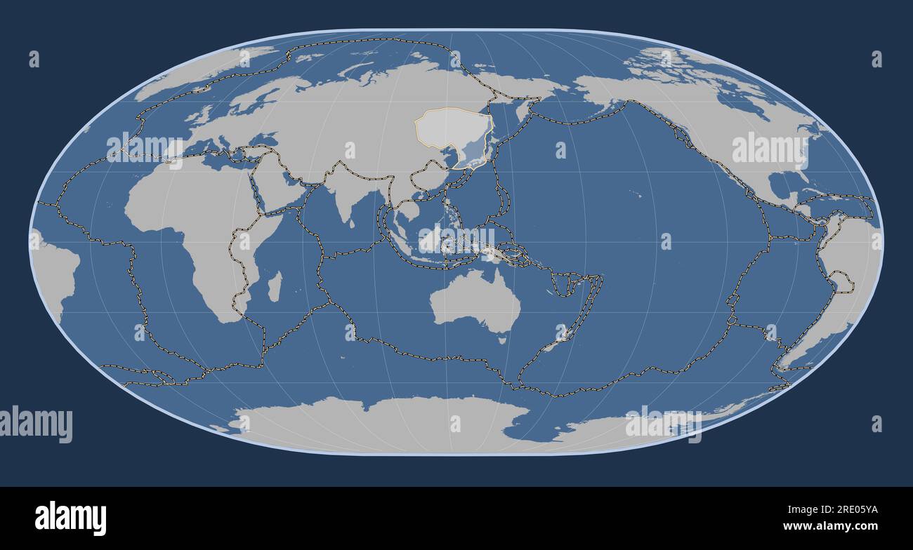 Amur tectonic plate on the solid contour map in the Loximuthal projection centered meridionally. Boundaries of other plates Stock Photo