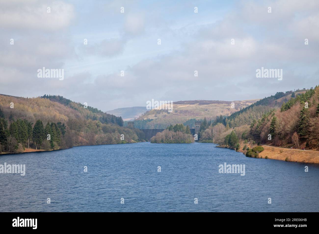 Ladybower reservoir and Derwent Dam in the Peak District in Derbyshire with blue sky and white clouds Stock Photo