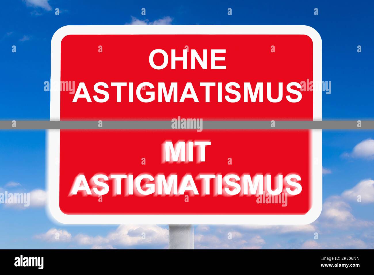 German text meaning: without and with astigmatism. Example of blurred or distorted eyesight or vision caused by astigmatism in the eye. Stock Photo