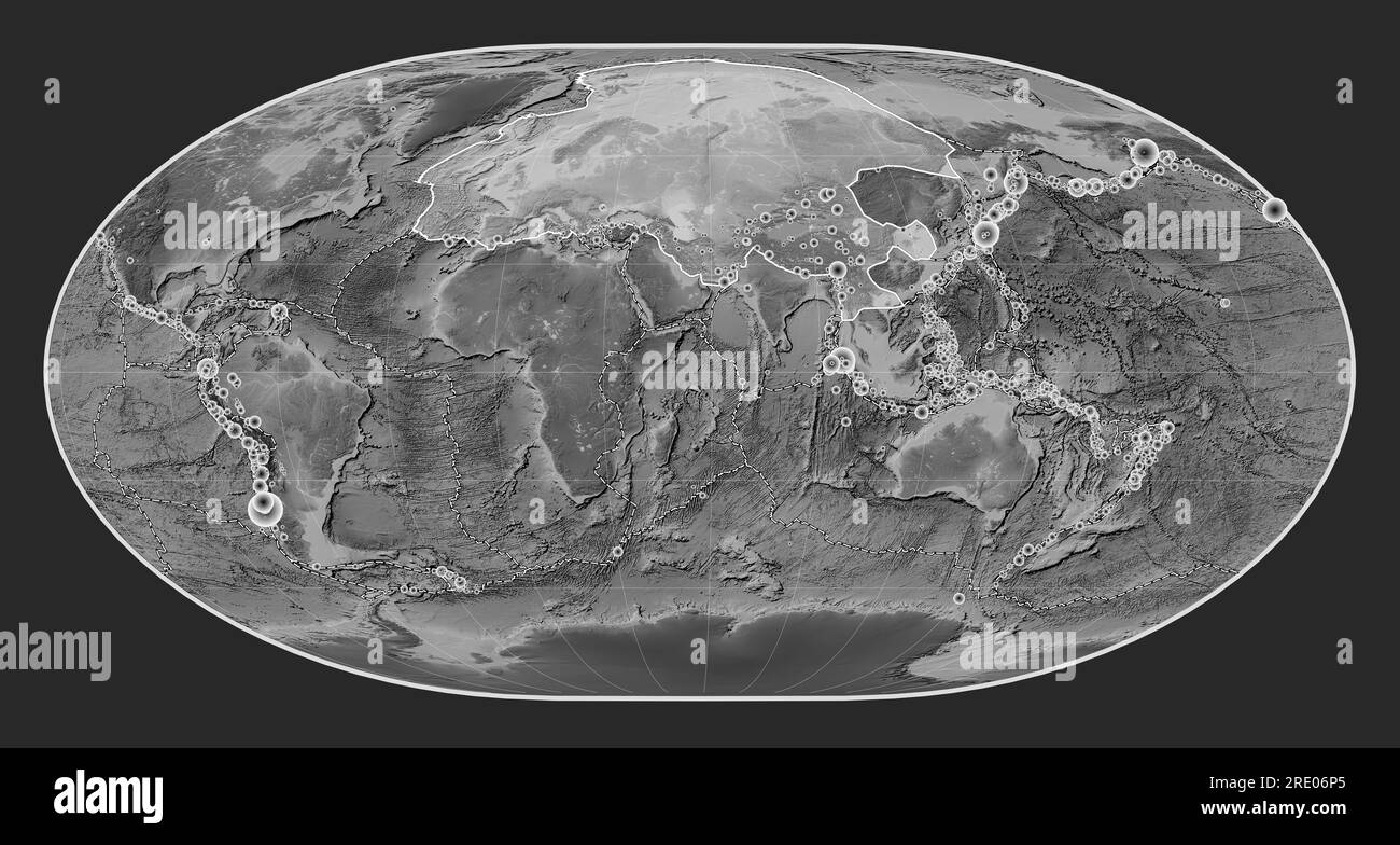 Eurasian tectonic plate on the grayscale elevation map in the ...