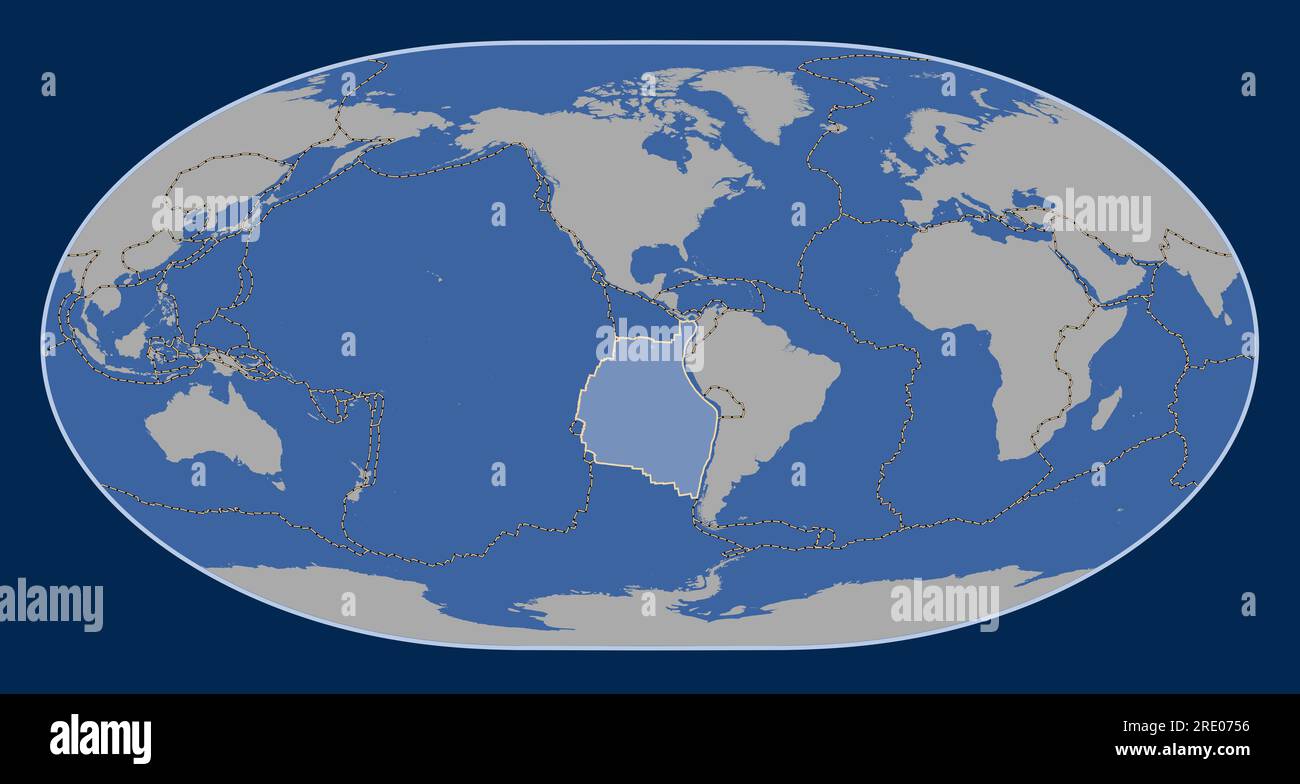 Nazca tectonic plate on the solid contour map in the Loximuthal projection centered meridionally. Boundaries of other plates Stock Photo