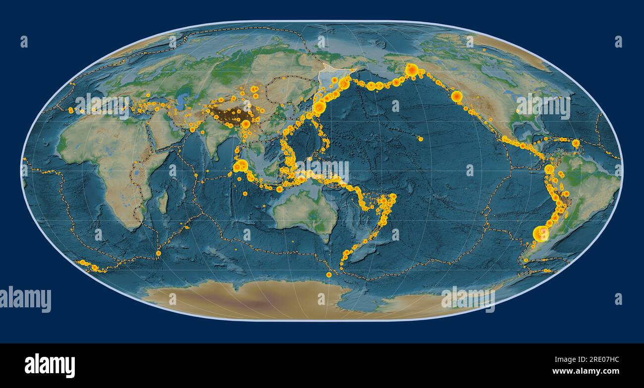 Okhotsk tectonic plate on the physical elevation map in the Loximuthal ...