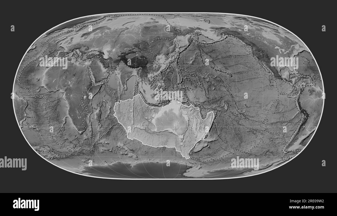 Australian tectonic plate on the grayscale elevation map in the Natural Earth II projection