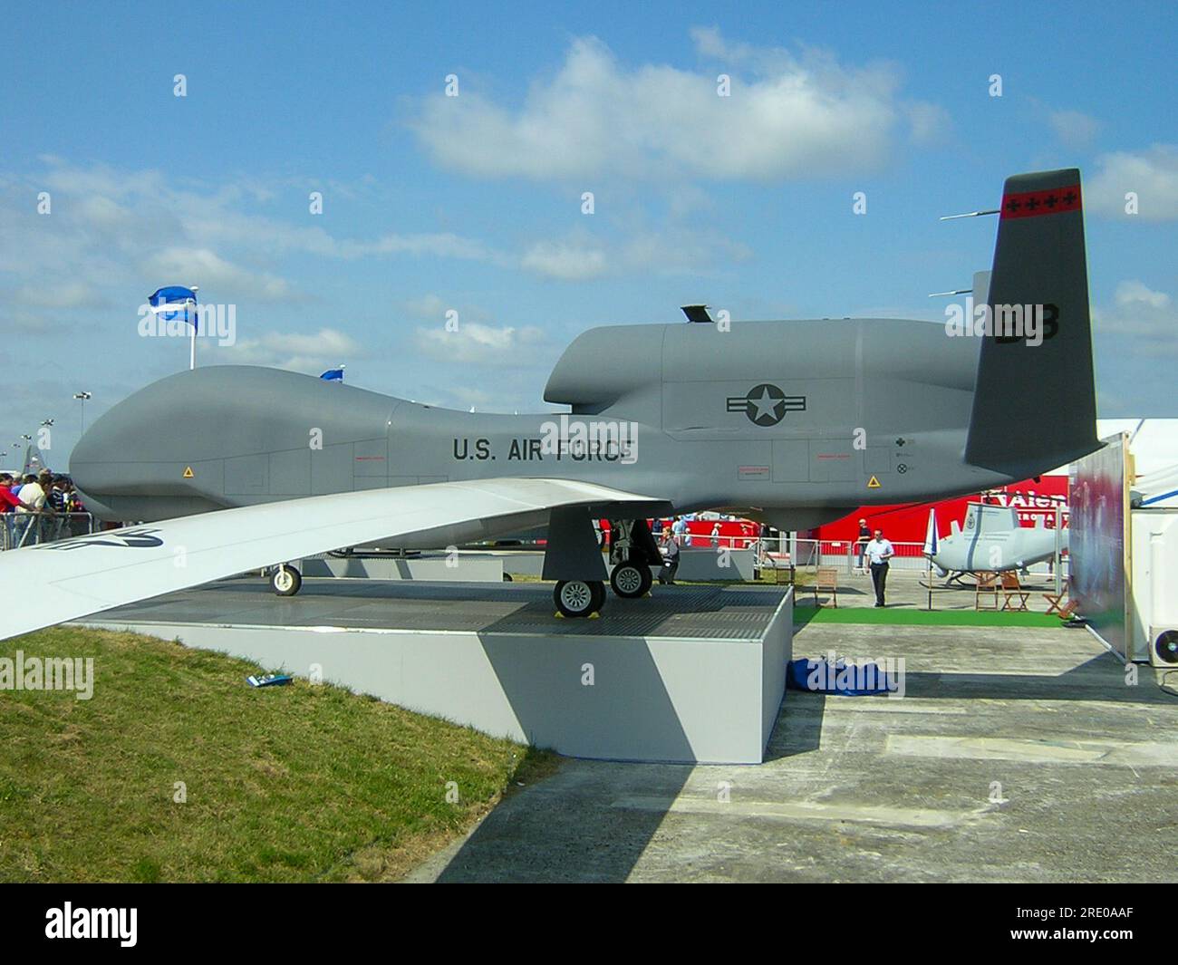 Northrop Grumman RQ-4 Global Hawk, high-altitude UAV, remotely-piloted surveillance aircraft on display at Farnborough International Airshow 2004 Stock Photo