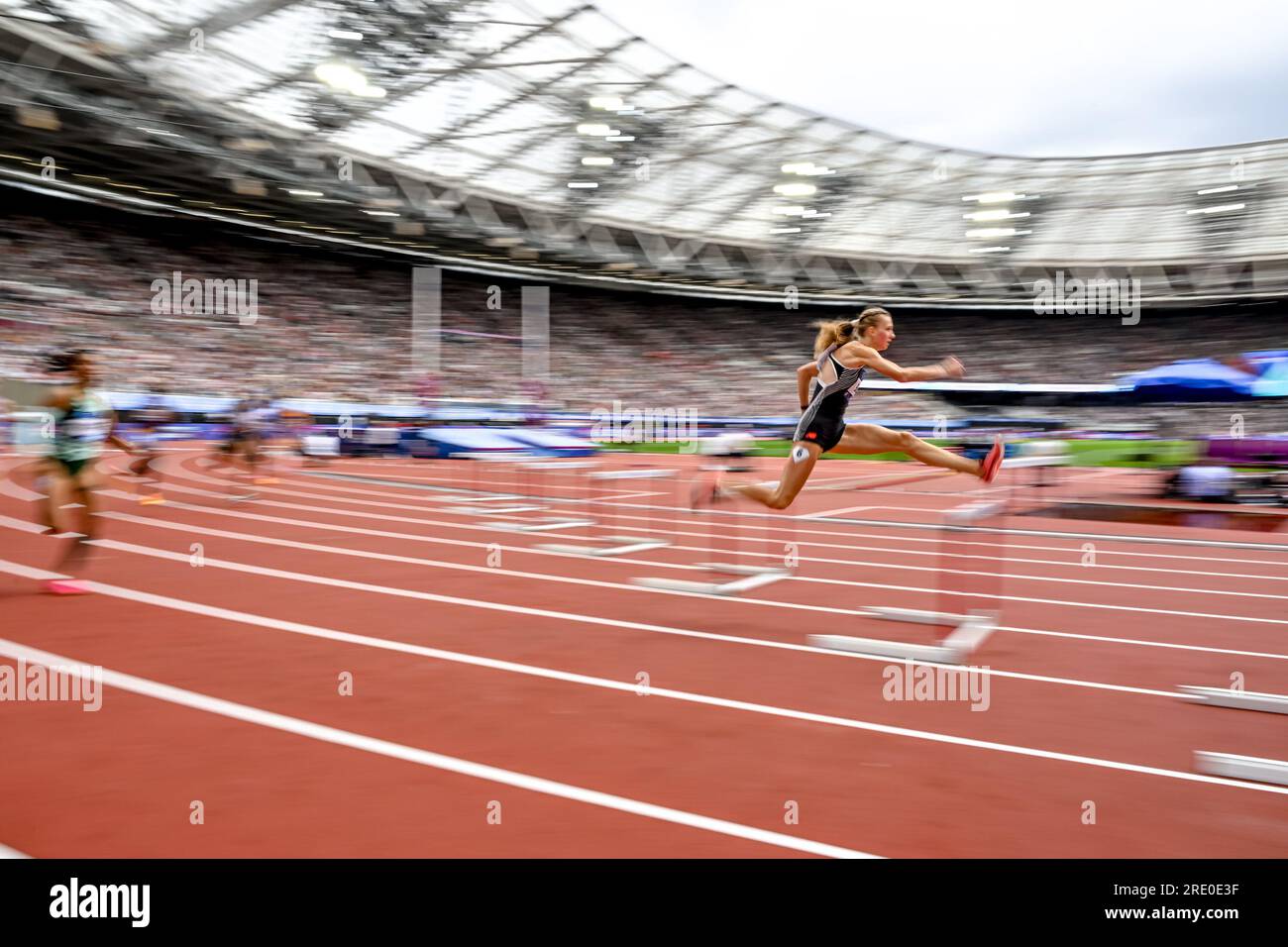 Femke Bol of the Netherlands leading and going onto win the 400m Hurdles in the the Diamond League Athletics at the London Stadium, Queen Elizabeth Olympic Park, London, England on 23 July 2023. Photo by Phil Hutchinson. Editorial use only, license required for commercial use. No use in betting, games or a single club/league/player publications. Credit: UK Sports Pics Ltd/Alamy Live News Stock Photo