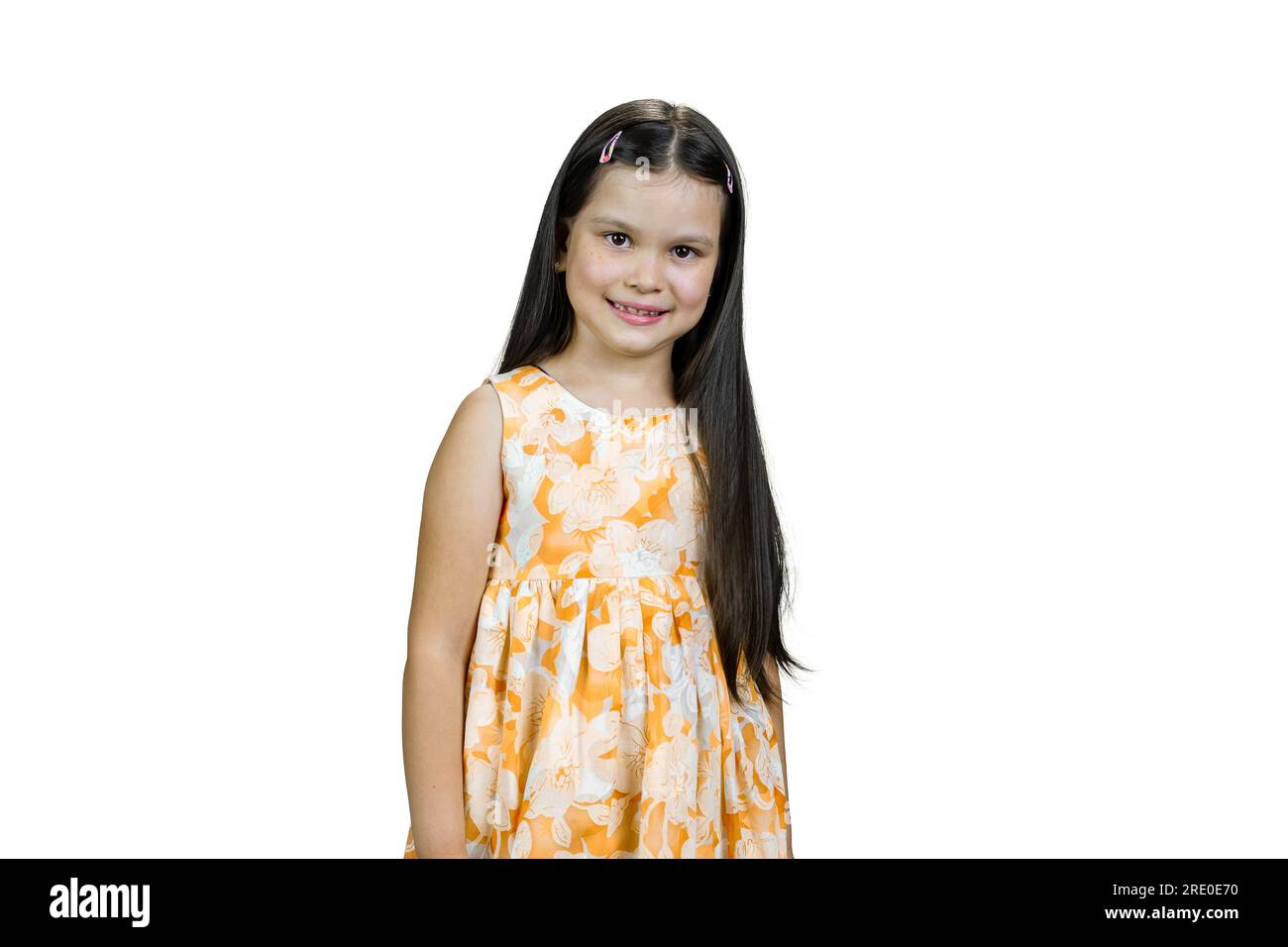 Portrait of happy smiling little girl in dress. Isolated on white Stock ...