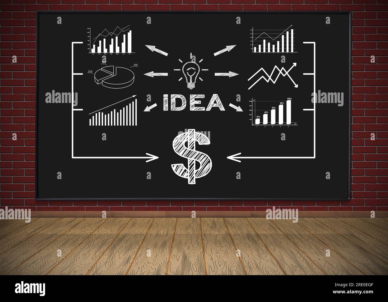 blackboard with drawing chart hanging on red brick wall Stock Photo