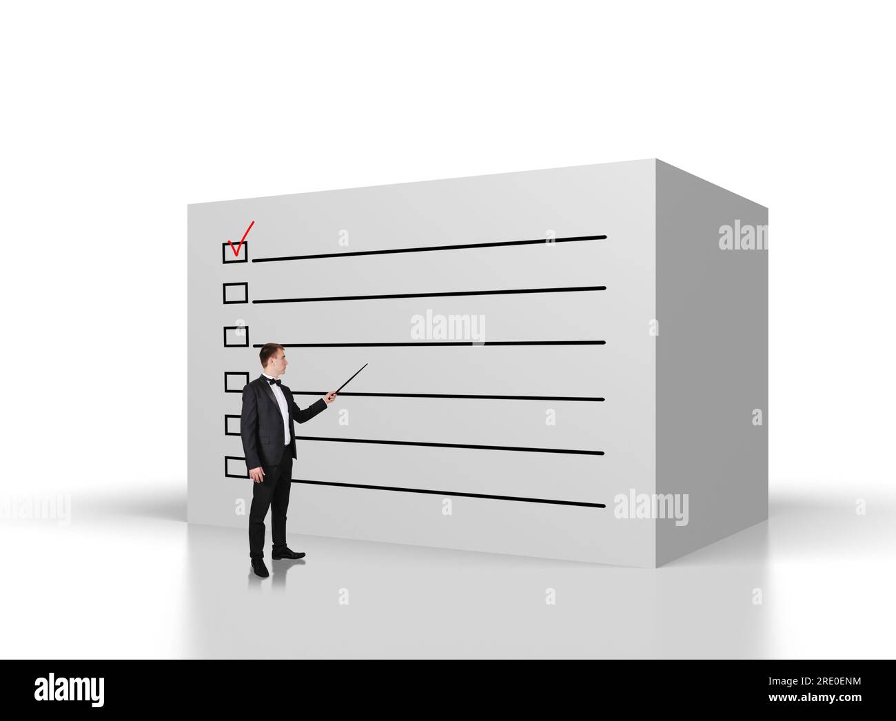 businessman points on pointer to big concrete wall with checklist Stock Photo