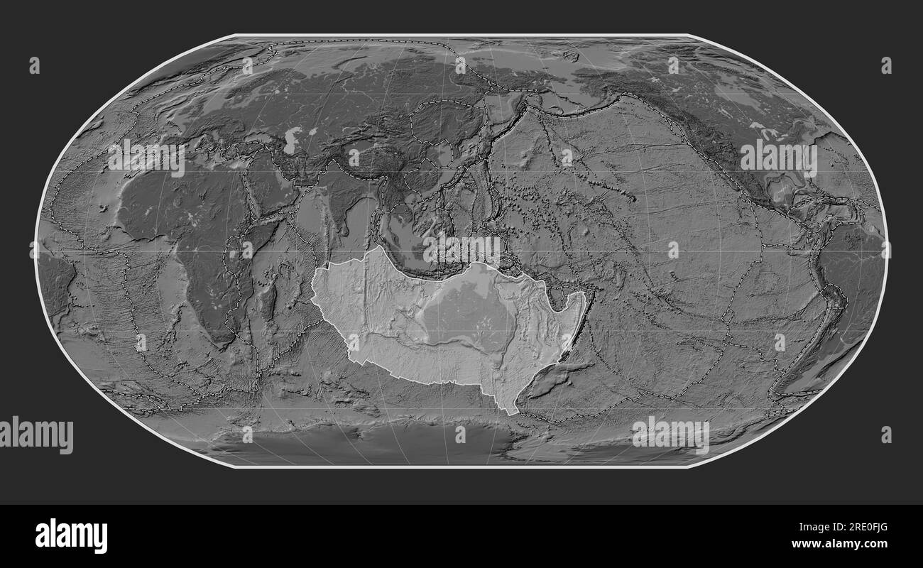 Australian tectonic plate on the bilevel elevation map in the Robinson projection centered