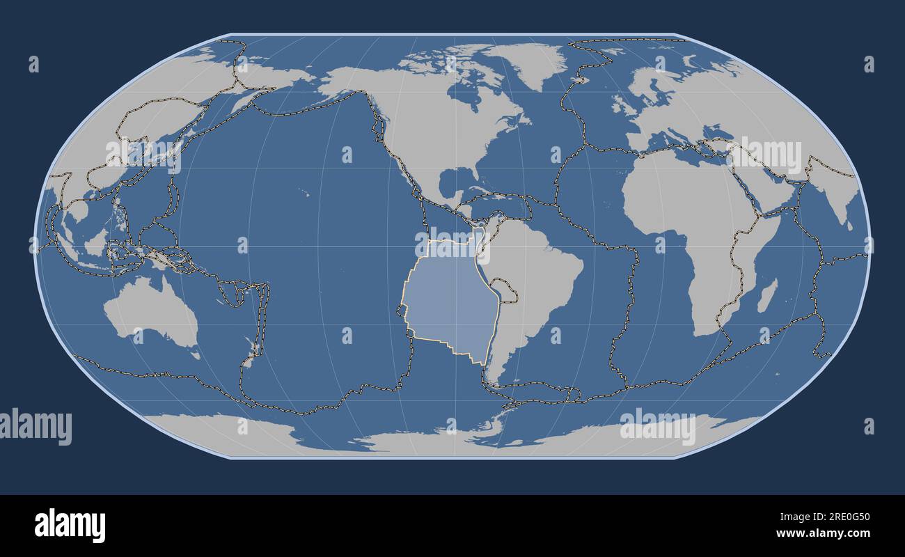 Nazca tectonic plate on the solid contour map in the Robinson projection centered meridionally. Boundaries of other plates Stock Photo