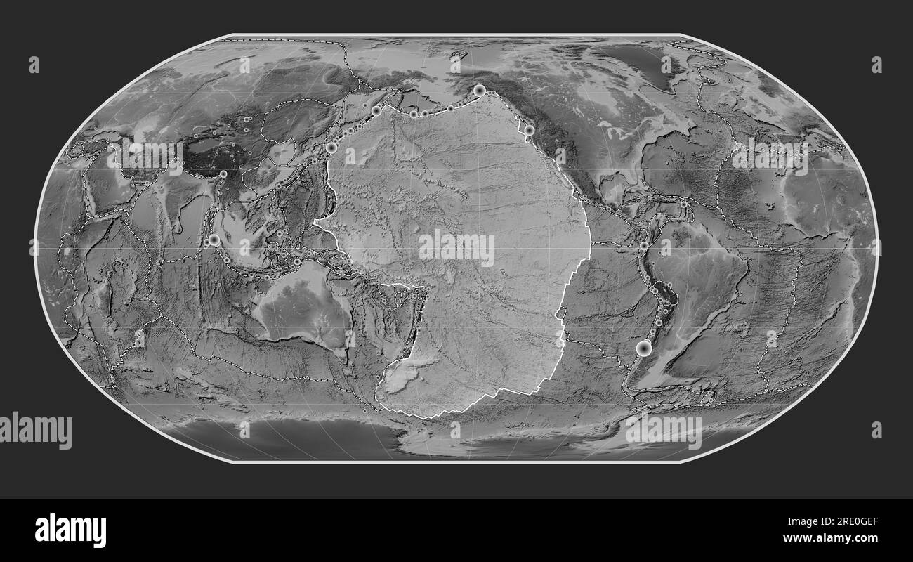 Pacific tectonic plate on the grayscale elevation map in the Robinson ...