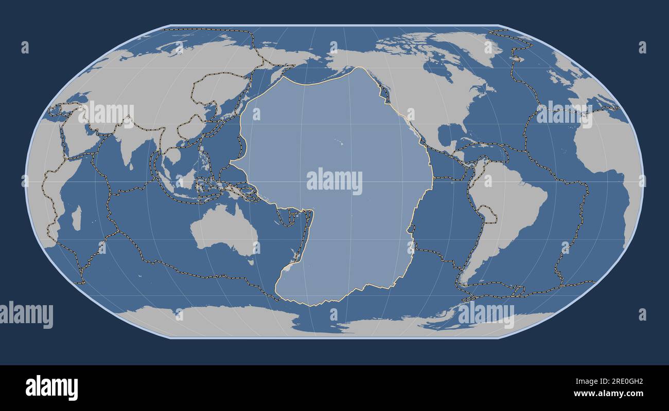 Pacific tectonic plate on the solid contour map in the Robinson projection centered meridionally. Boundaries of other plates Stock Photo