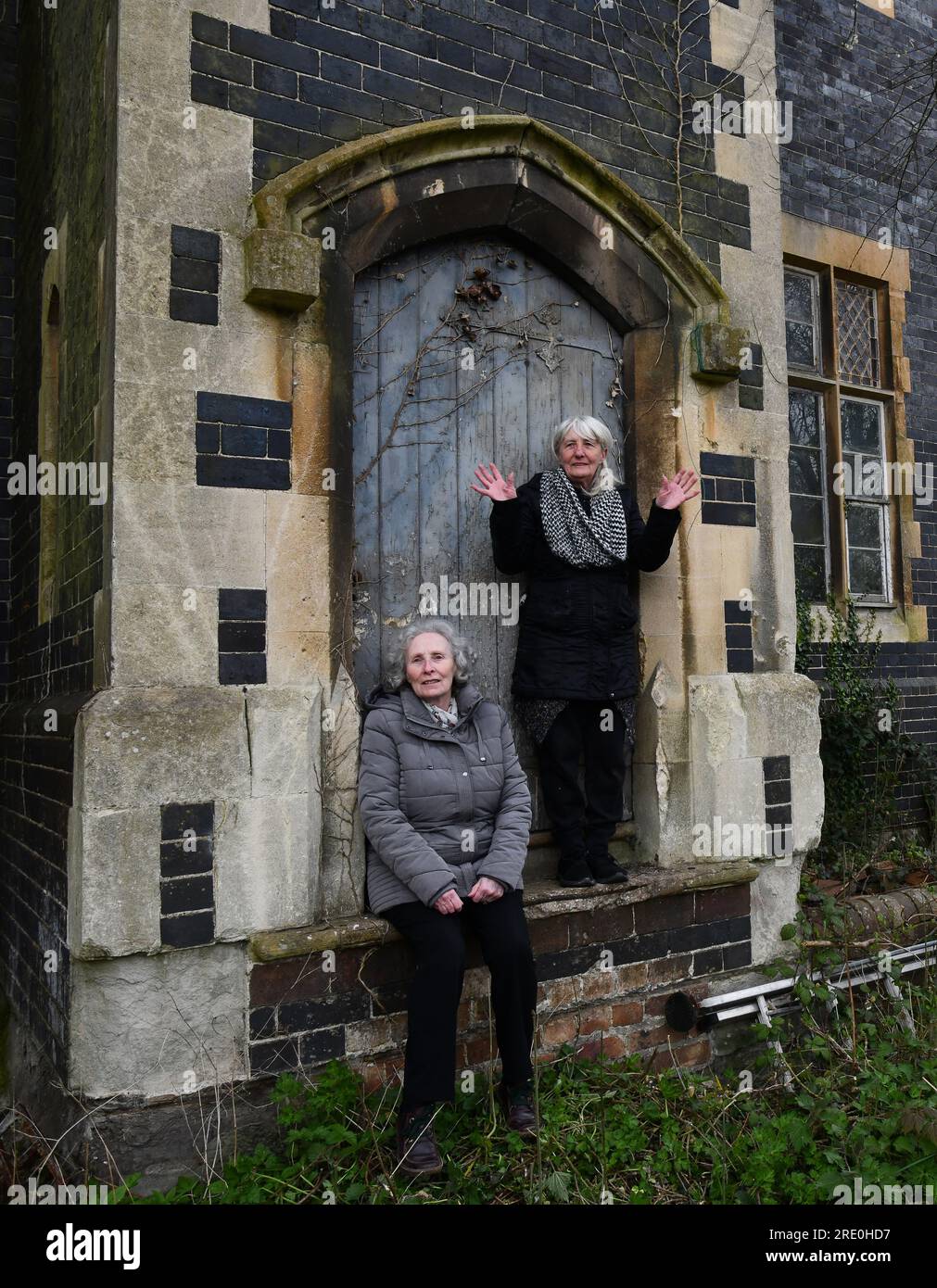 Ironbridge C of E School was closed in 1969 after the playground subsided. Former pupils sisters Carol and Rose Wincott visit over 50 years later, Stock Photo