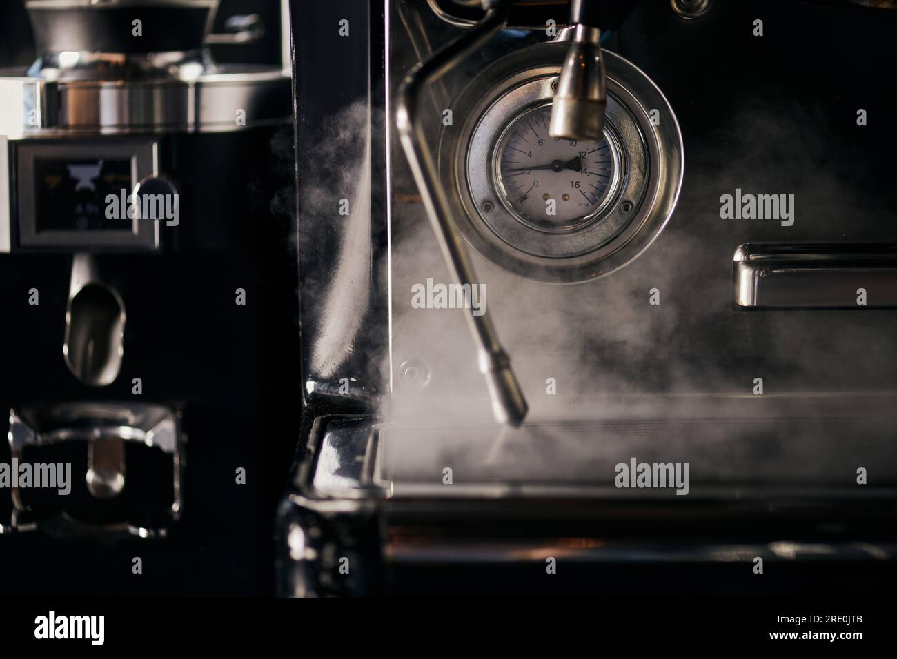 coffee shop, professional espresso machine and steamer with temperature