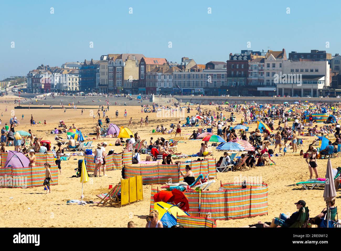 Crowded beach on a hot Bank Holiday weekend in Margate, London, UK Stock Photo