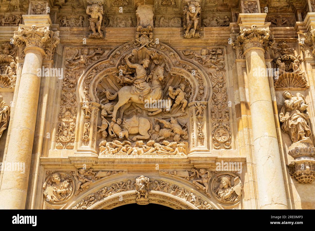 High relief of Santiago triumphant in the battle of Clavijo above entrance to  former Convento de San Marcos building in León, Castile y Leon. Spain. Stock Photo