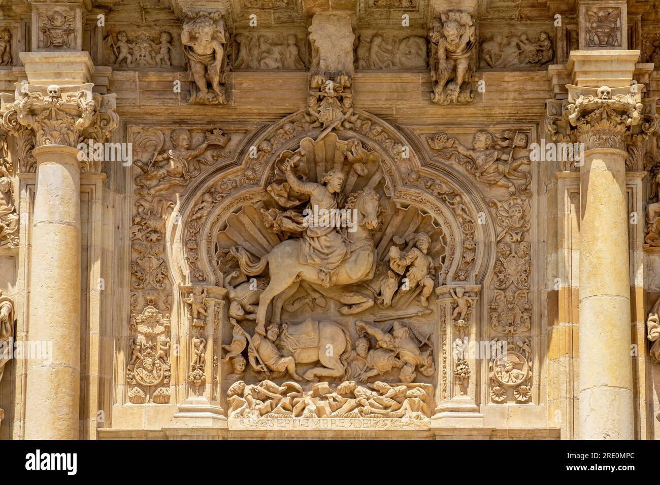 High relief of Santiago triumphant in the battle of Clavijo above entrance to  former Convento de San Marcos building in León, Castile y Leon. Spain. Stock Photo