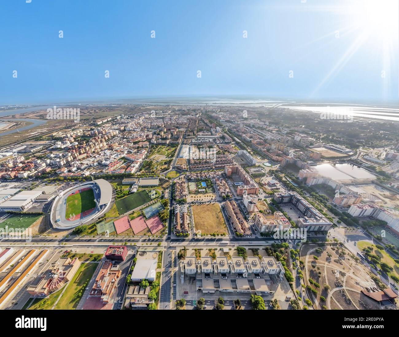 Wide angle panoramic aerial view of Huelva city from the main entrance to the city Stock Photo
