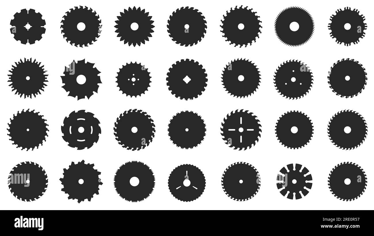 Circular saw blade silhouette. Black round saw cutting wood elements, rotary blades carpentry professional equipment for woodworking. Vector isolated Stock Vector