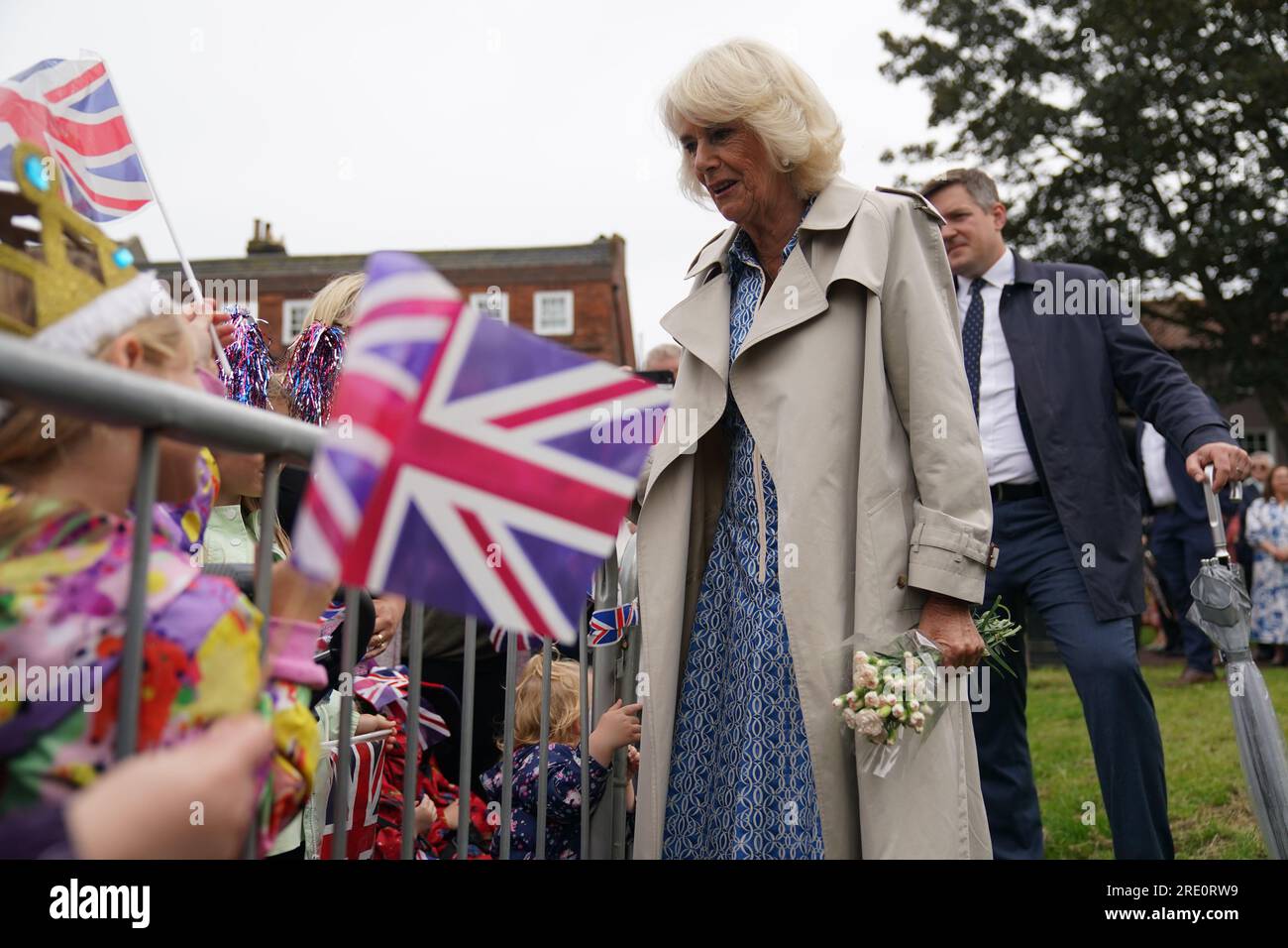 Queen Camilla speaks with members of the public during a visit to Redwings Horse Sanctuary at Anna Sewell House in Great Yarmouth, while on a visit to Norfolk. Redwings Horse Sanctuary have been the custodians of Anna Sewell House since 2022. The House is the verified birthplace of Anna Sewell, author of Black Beauty. Picture date: Monday July 24, 2023. Stock Photo