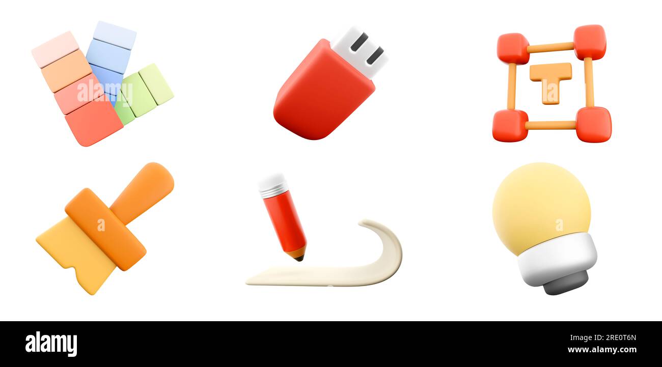 3d rendering yellow light bulb, Paint brush, usb flash drive, red pencil with white paper, add